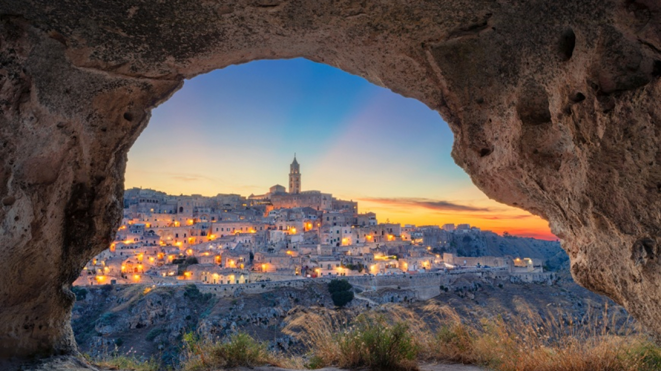 Matera, Italy. Cityscape image of medieval city of Matera, Italy during beautiful sunset.